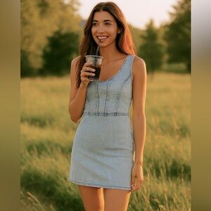 Guess Vintage Light Blue Denim Back 3/4 Zip Dress- Size Small